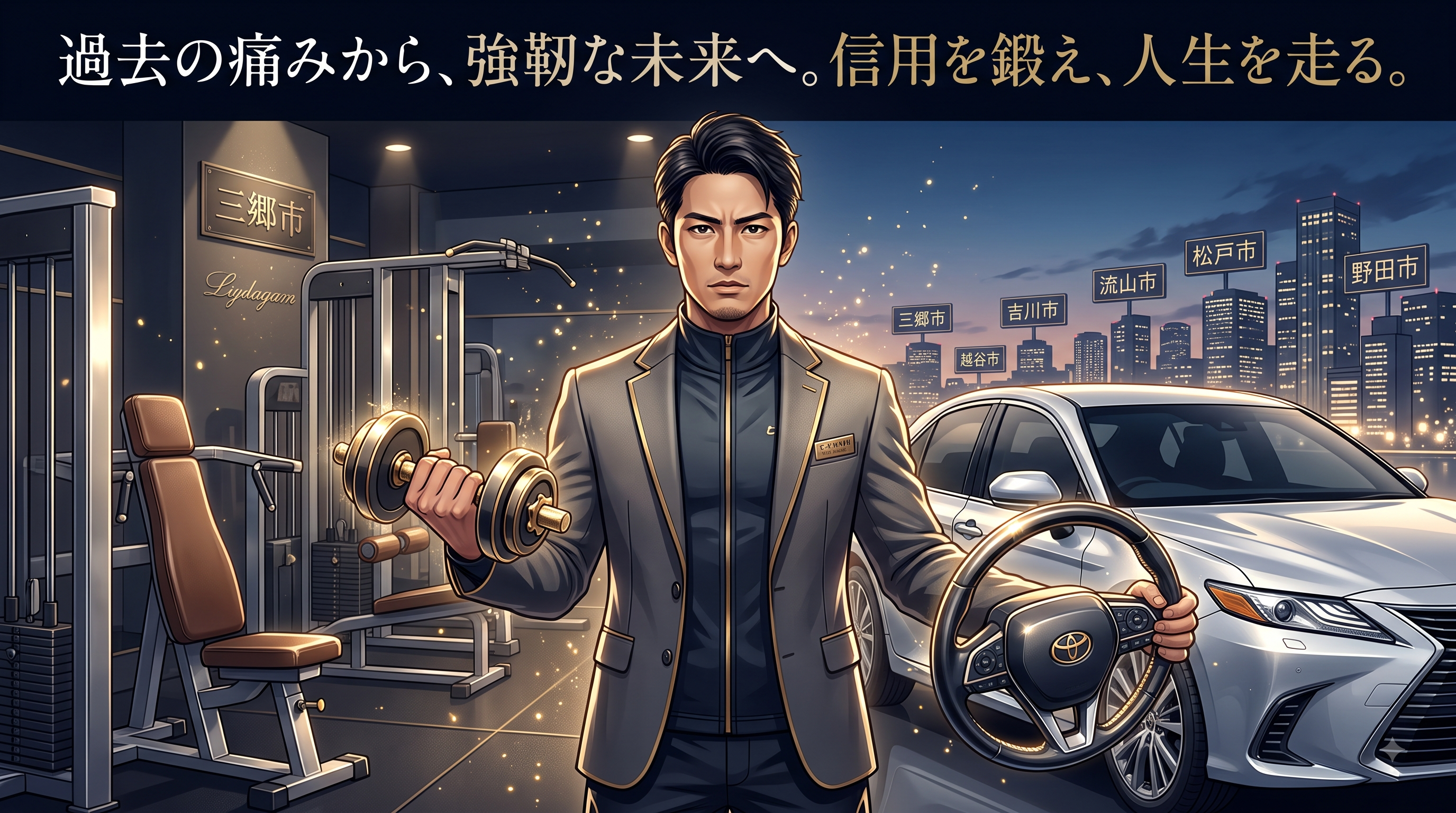 自社ローンで信用を鍛え人生を走る！ダンベルと車のハンドルを持つ男性の画像