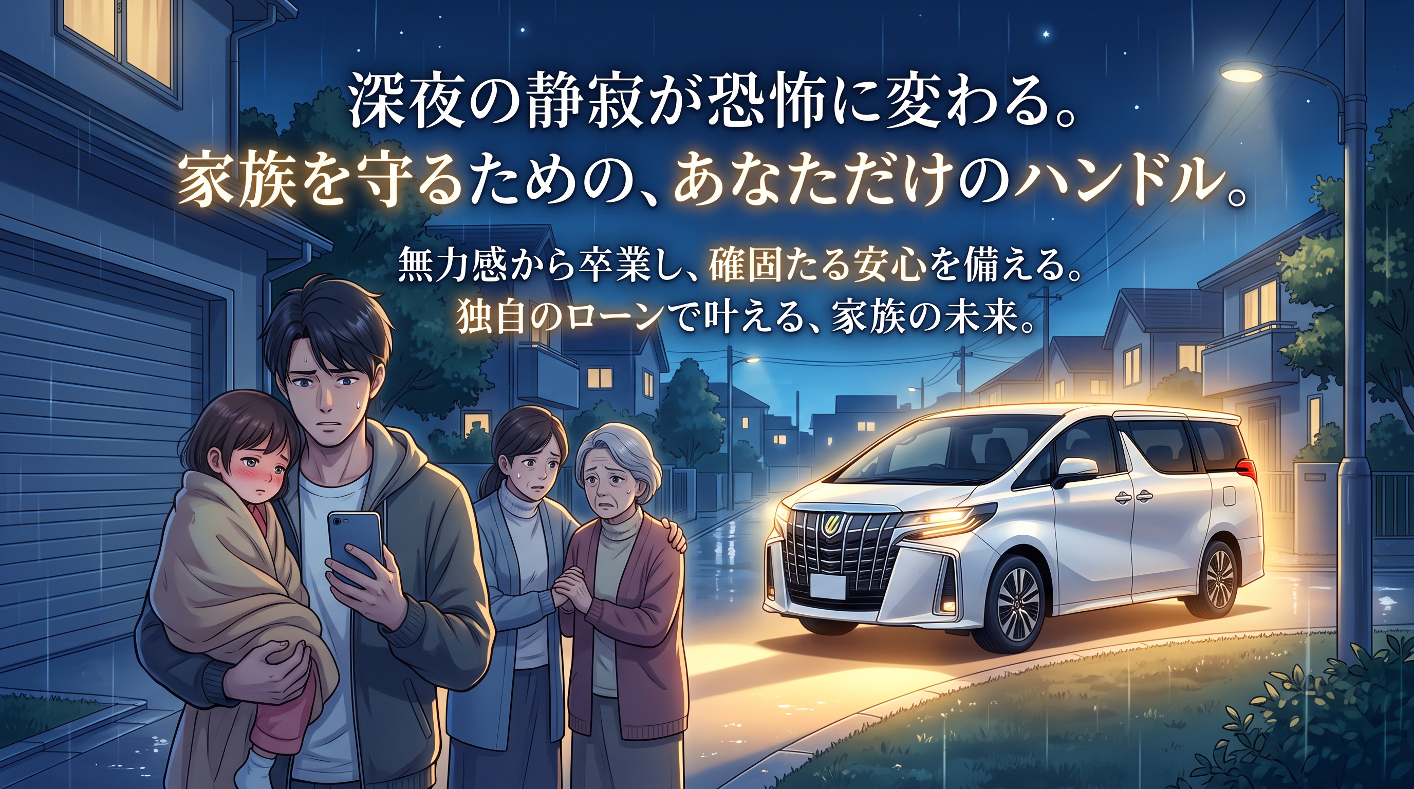 深夜の緊急事態から家族を守るマイカー。自社ローンで叶える確固たる安心の未来