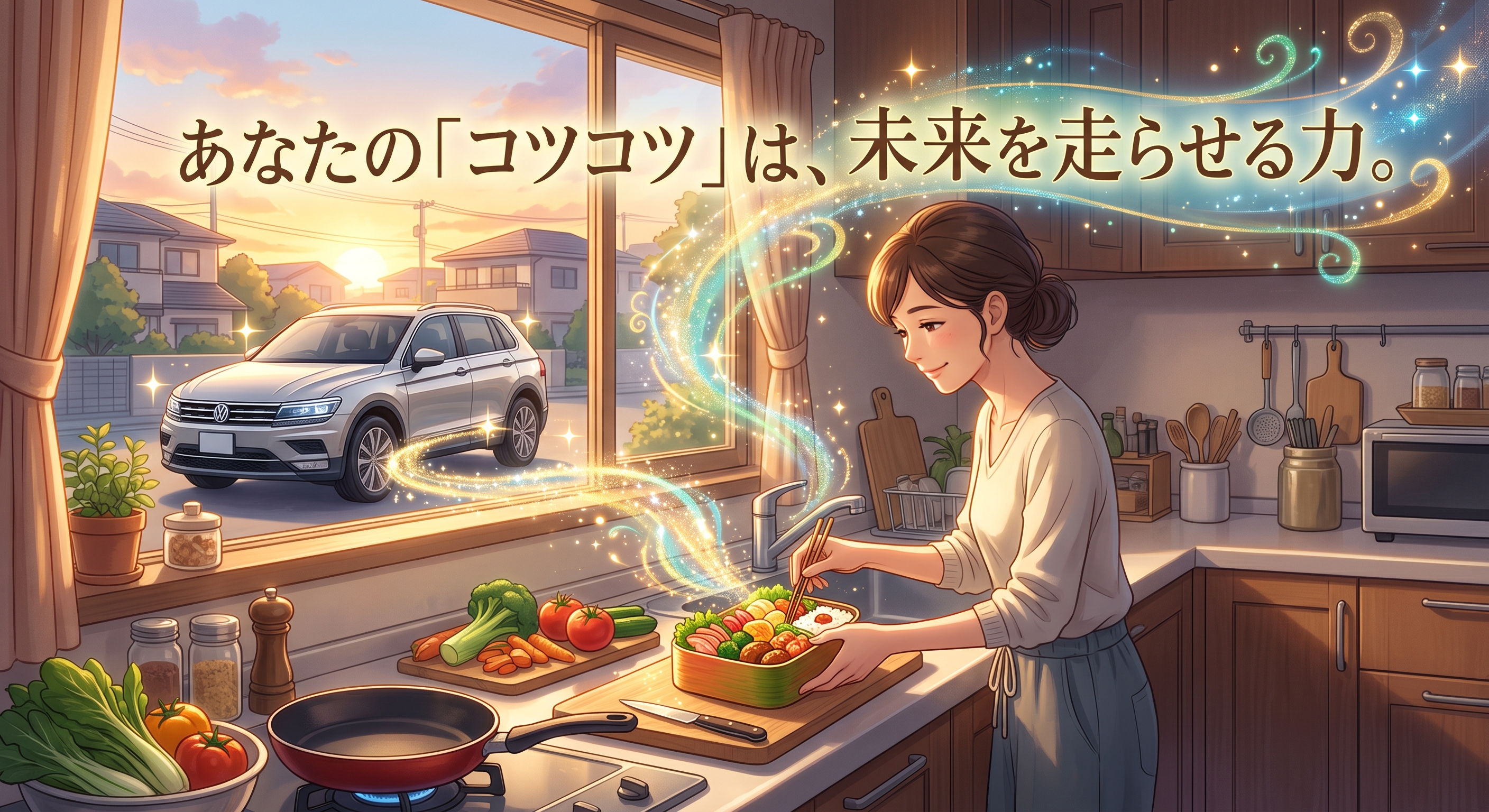 自炊での節約が自社ローン審査を有利に!お弁当を作る女性と窓の外のマイカーの画像