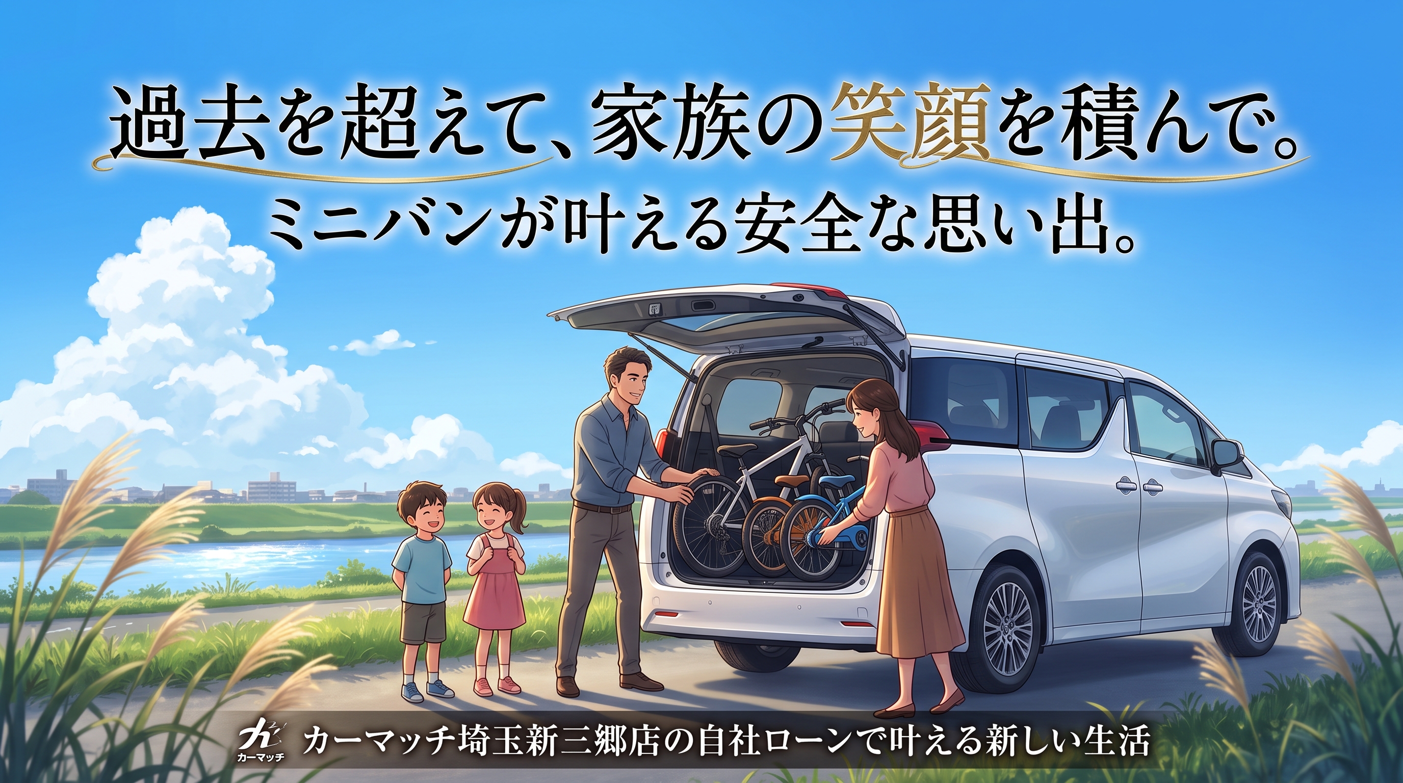 自社ローンで叶える新生活。河川敷でミニバンに自転車を積む笑顔の家族のイラスト
