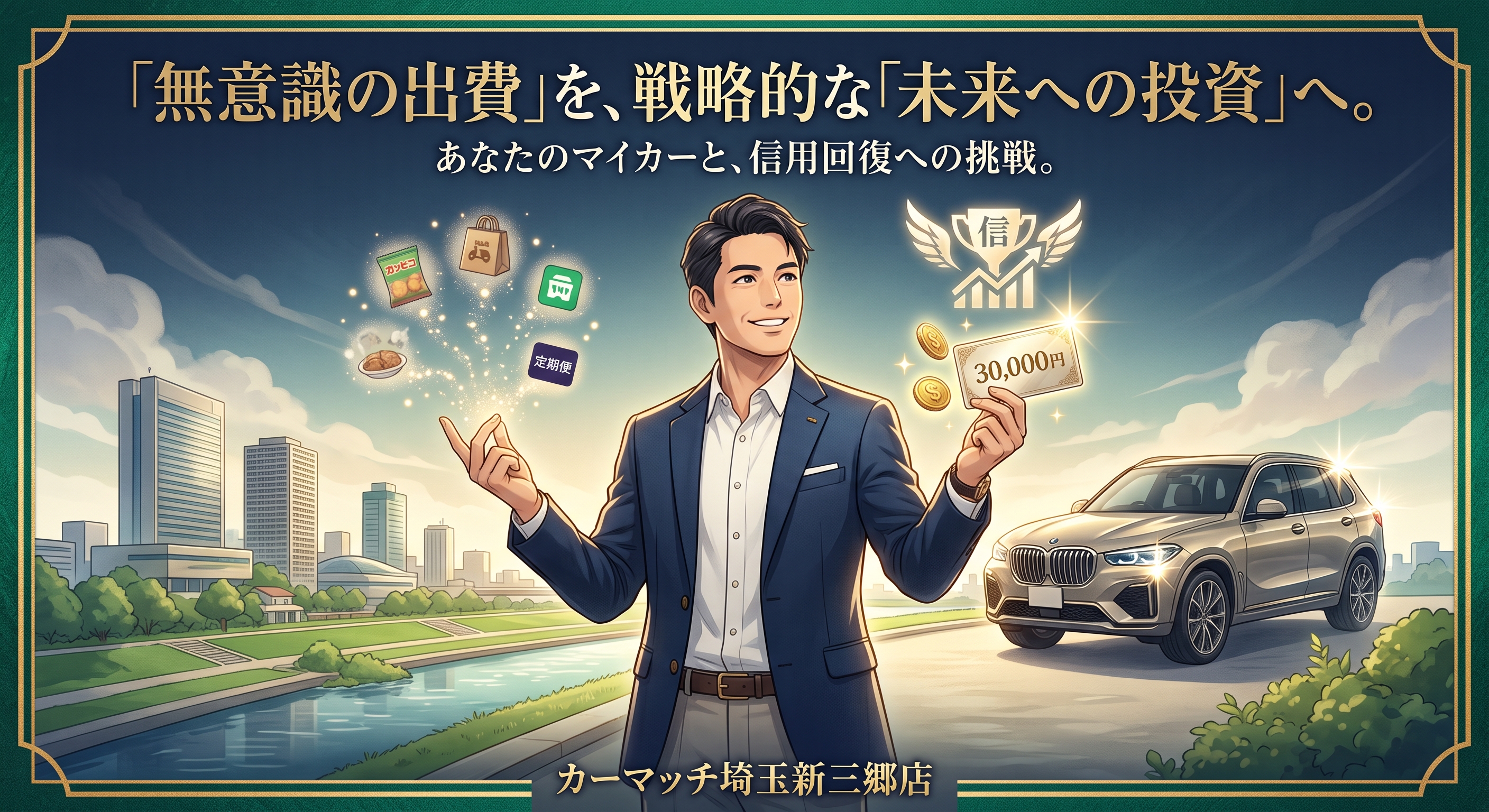 無意識の出費を見直し、自社ローンで車と信用回復を手にする男性の画像