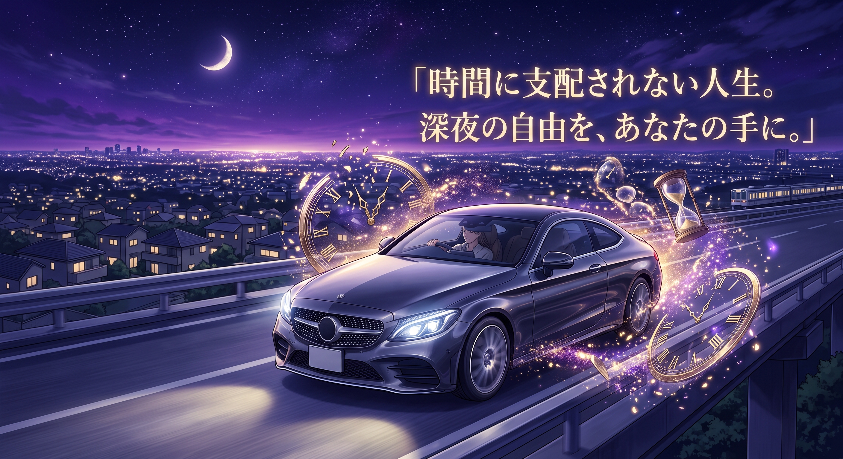 自社ローンで叶える時間に捕らわれない人生。深夜の自由を描いたアニメ風イメージ画像