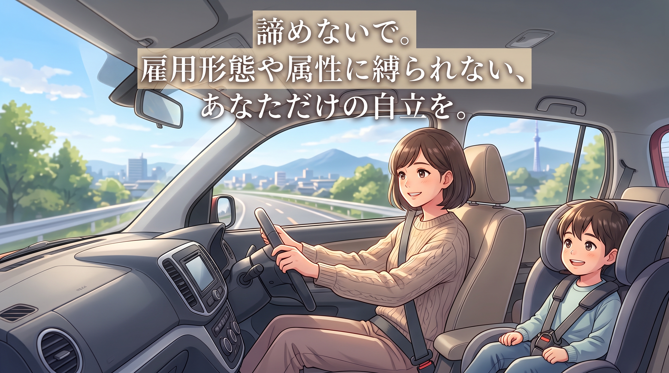 自社ローンで自立へ。雇用形態に縛られず笑顔で運転する親子のイラスト