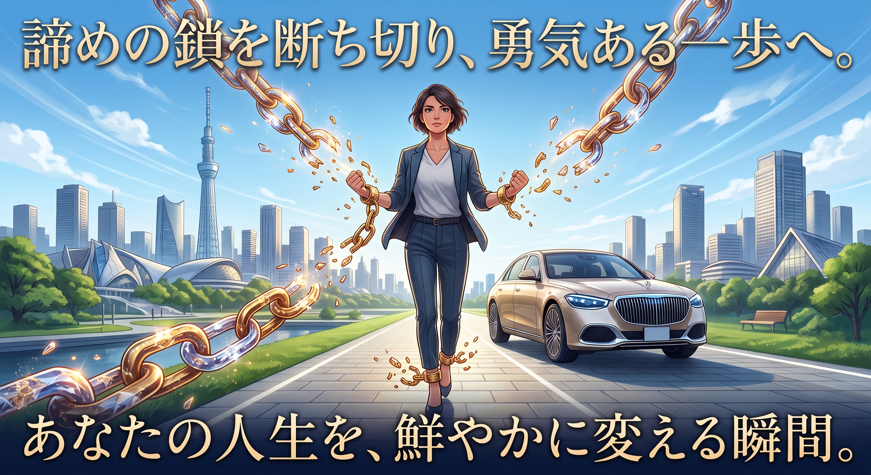 自社ローンで諦めの鎖を断ち切り、勇気ある一歩を踏み出す女性と車の画像