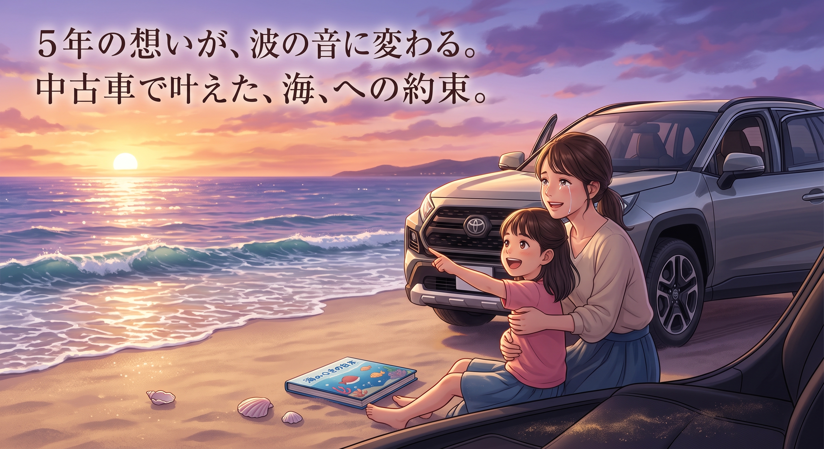 自社ローンで叶えた5年越しの約束。海辺で車を背に感動の涙を流す母と娘の姿。