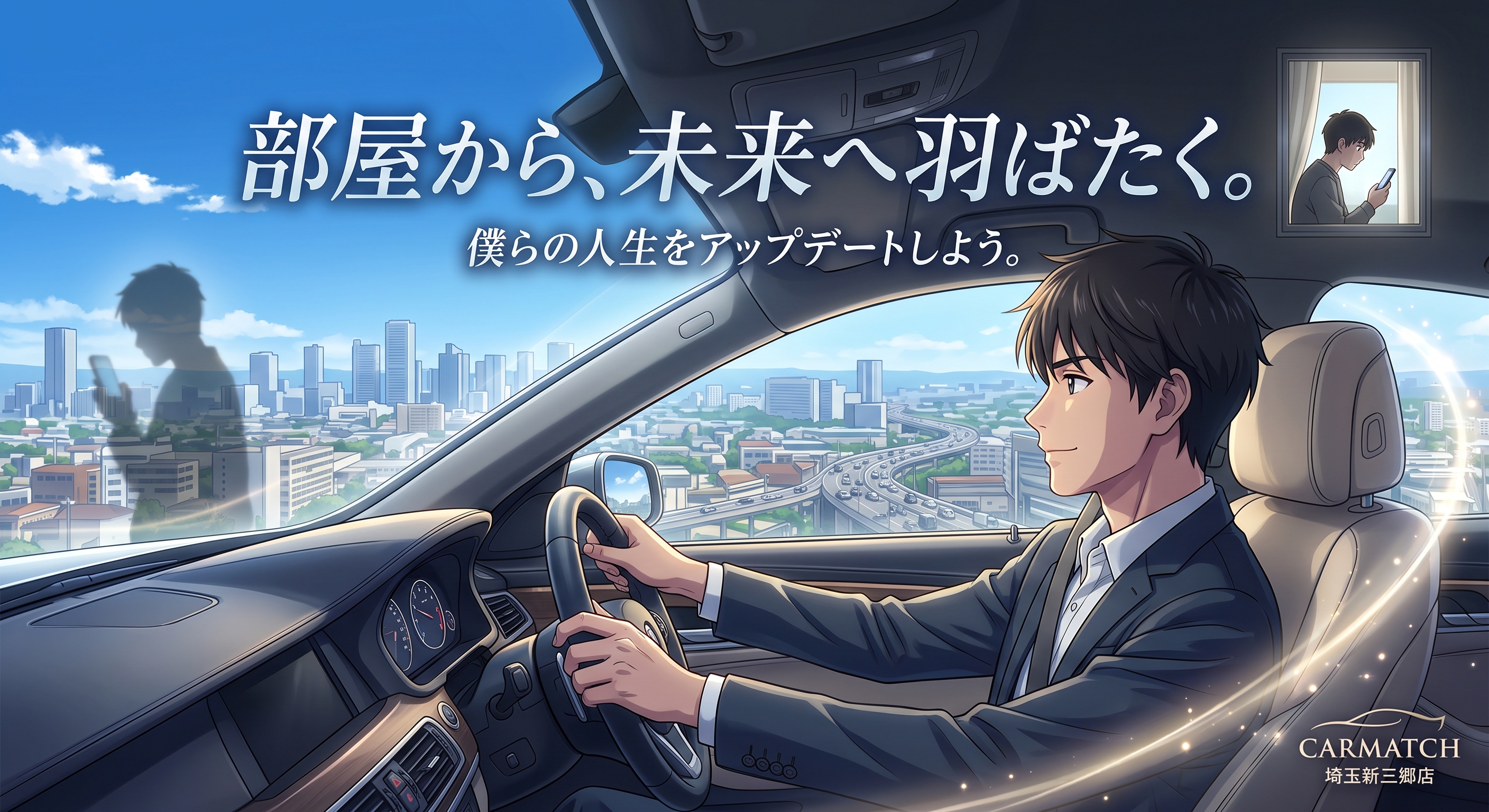 自社ローンでマイカーを手に入れ、部屋から未来へ羽ばたく若者のドライブ風景