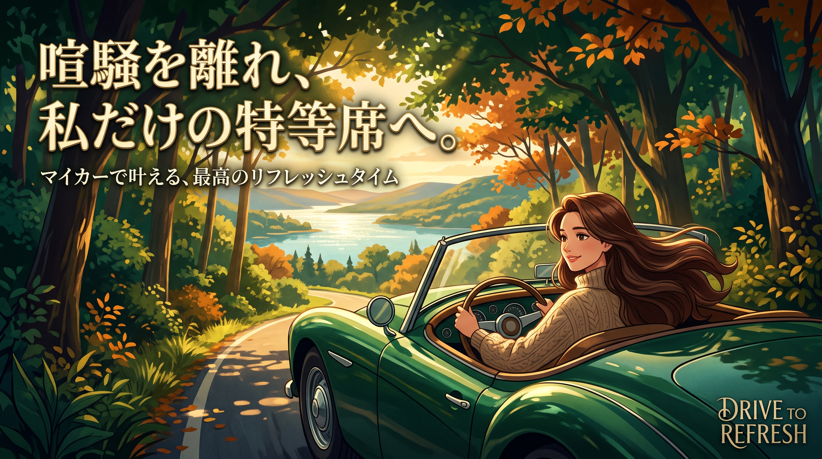 自社ローンで叶える最高のリフレッシュ。自然の中を走るマイカーの画像
