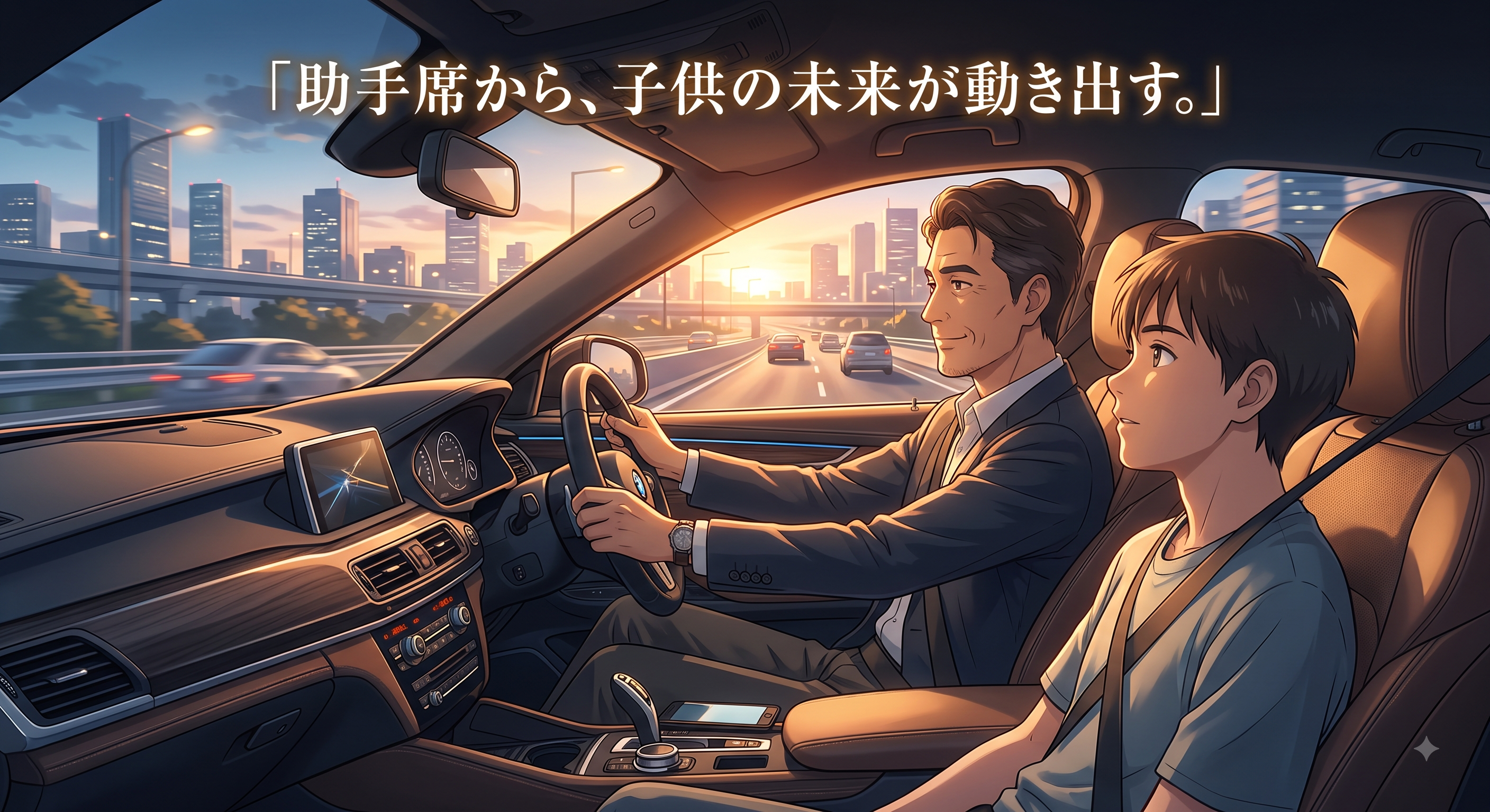 「助手席から、子供の未来が動き出す。」自社ローンで叶える親子のドライブ風景。