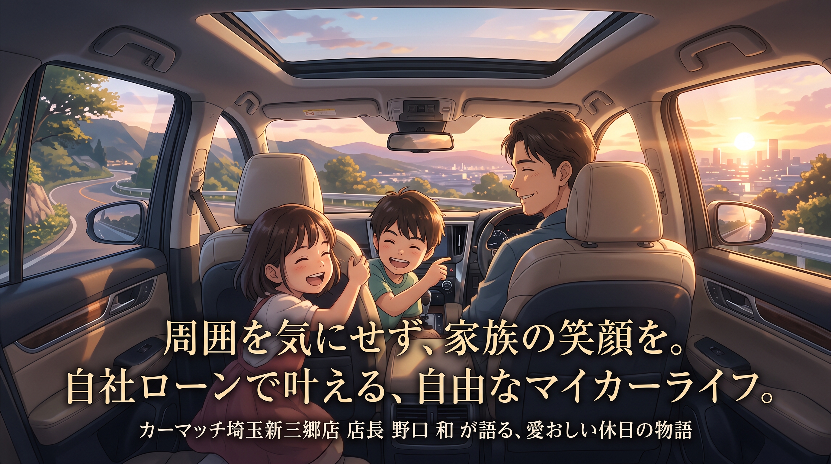 自社ローンで叶える、家族の笑顔があふれる自由な車内空間のイラスト