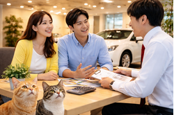 中古車販売店の店内で車の購入や売却をまとめて相談するお客様とスタッフのシーン