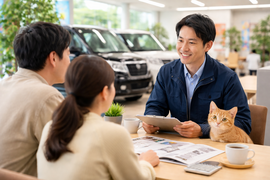 中古車の買取や自社ローン購入を相談する店内の様子と、そっと見守る猫｜岐阜美濃加茂の車屋