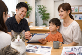 中古車の購入や買取について母子のお客様とスタッフが相談する店舗内の様子｜カーマッチ岐阜美濃加茂店