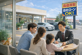 自社ローンや車買取について相談する家族とスタッフの安心した商談シーン