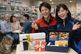 中古車の購入や買取キャンペーンについて相談する店舗スタッフとお客様の様子