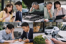 若い男性とご夫婦がそれぞれスタッフに相談している世代を問わず対応する中古車店の商談風景｜カーマッチ岐阜美濃加茂店