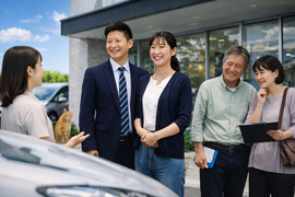 若い女性と高齢ご夫婦がスタッフに相談する世代を問わず対応する中古車店の風景｜カーマッチ岐阜美濃加茂店