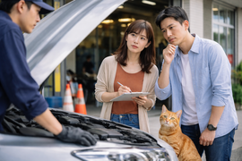 車検前の乗り換えや売却について相談する夫婦とスタッフの商談風景｜カーマッチ岐阜美濃加茂店