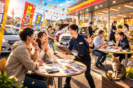 自社ローンと高価買取の相談で賑わうカーマッチ岐阜美濃加茂店の店前風景