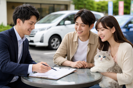 美濃加茂市の地域密着型中古車販売・車買取店で屋外相談をするお客様の様子