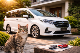 地域密着型中古車買取をイメージした車と猫のある風景