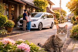 美濃加茂市の地域密着型中古車販売・買取をイメージした猫と車のある街の風景