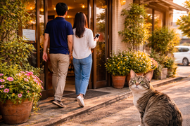 看板やホームページを見て来店するカップルと地域密着の中古車販売店の風景
