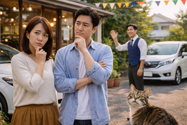 車の買い替えタイミングに悩む夫婦と相談できる地域密着の中古車販売店の風景