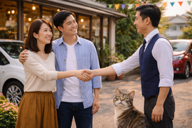 金額より人で決めたと感じる中古車販売店スタッフとお客様の握手シーン