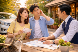 自動車税前に車の売却や乗り換えを相談する夫婦と中古車販売店スタッフのシーン