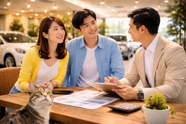 中古車販売店の店内で車の相談をするお客様とスタッフのシーン