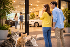 車屋に入りづらいと感じながら来店を考えるカップルと3匹の猫のイメージ