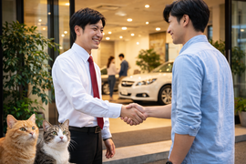 中古車販売店で信頼関係から商談が決まるお客様とスタッフの握手シーン