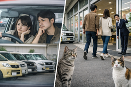 車の購入に悩むカップルが中古車販売店へ来店する様子とサバトラと三毛猫