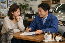 中古車販売店で車の購入や自社ローンについて相談する女性とスタッフと自然に寄り添う猫たち