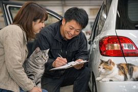 中古車販売店で車の査定を行い説明を受けるお客様とスタッフとサバトラと三毛猫