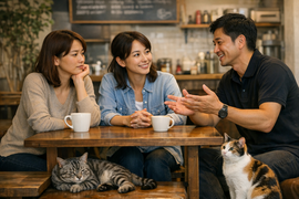 中古車販売店で車の購入やローンについて相談するお客様とスタッフと自然にいるサバトラと三毛猫