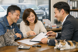 中古車販売店で車の購入や自社ローンについて説明を受けながら納得していくお客様とスタッフとサバトラと三毛猫