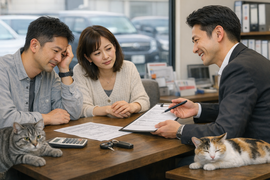 中古車販売店で車の売却や購入について相談し説明を受けるお客様とスタッフと自然にいるサバトラと三毛猫