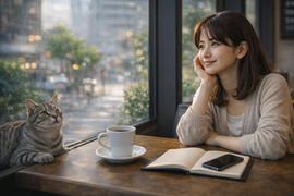 車の購入や売却に悩みながらも前向きに考える女性と猫のある日常風景