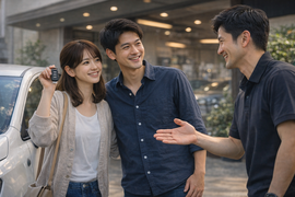 中古車購入の相談後に納車を迎えたお客様とスタッフの笑顔あふれるシーン
