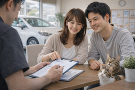 明るい店内で車の購入や売却について安心して相談するお客様とスタッフの商談風景