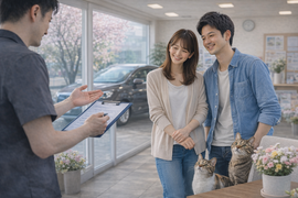 春らしい明るい店内で車の売却や購入について前向きに相談するお客様とスタッフの自然な商談風景