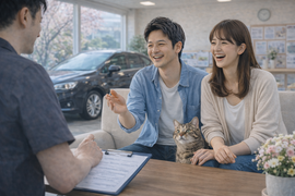 春の明るい店内で笑顔で会話が弾みながら車の購入や売却について安心して相談するお客様とスタッフの商談風景