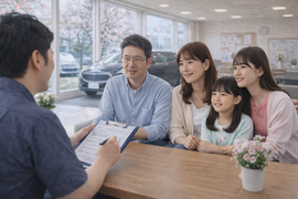 春の明るいショールームで家族が安心した表情でスタッフと車の購入や売却について前向きに相談している商談風景