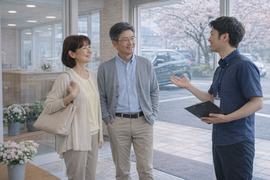 春の光が差し込む店舗入口で年配の夫婦が安心した表情でスタッフと車の購入や売却について相談している風景