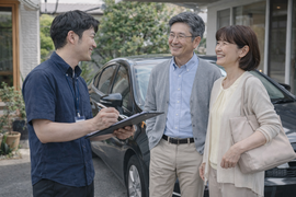 自宅の駐車場で年配夫婦が安心した表情でスタッフと車の査定や売却についてリラックスして相談している訪問査定の様子