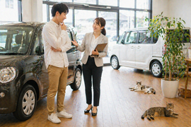 明るい自然光が入る中古車販売店の店内で女性スタッフが車の横で男性客に説明し不安な表情から安心した表情へ変わる相談シーンと足元でくつろぐ猫たち