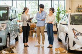 明るい中古車販売店の店内で軽自動車と普通車の間に立ちながらスタッフが男女のお客様に違いを説明し比較しながら悩んでいる相談シーンと足元でくつろぐ猫たち