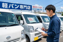 チェックリストを持って中古軽バンを確認する男性。江戸川区で失敗しない中古軽バンの選び方を実践しているイメージ。