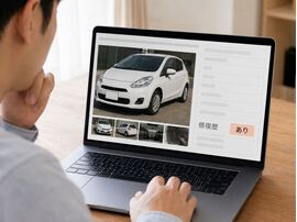 修復歴ありの中古車について、男性がサイトを見ながら修理内容や車両状態を確認している様子